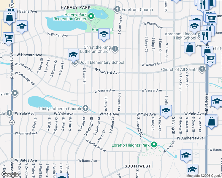 map of restaurants, bars, coffee shops, grocery stores, and more near 2599 South Patton Court in Denver