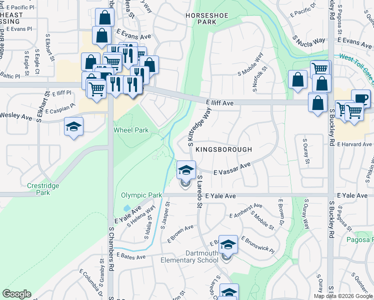 map of restaurants, bars, coffee shops, grocery stores, and more near 2536 South Kalispell Circle in Aurora