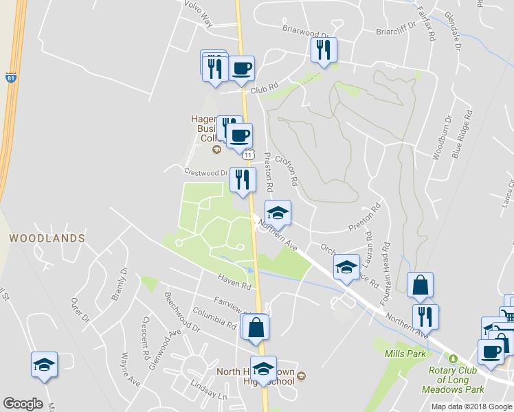 map of restaurants, bars, coffee shops, grocery stores, and more near 13007 Pennsylvania Avenue in Hagerstown