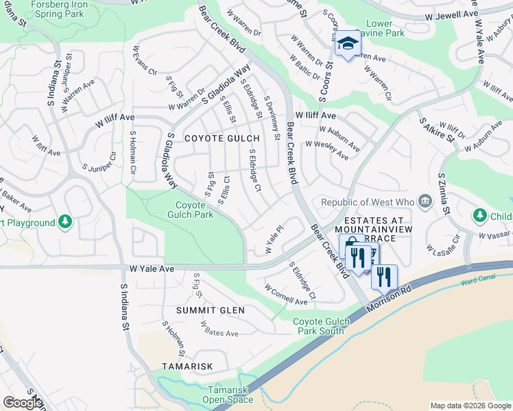 map of restaurants, bars, coffee shops, grocery stores, and more near 2444 South Ellis Street in Lakewood