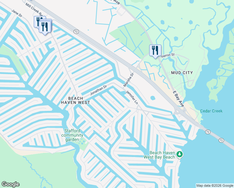 map of restaurants, bars, coffee shops, grocery stores, and more near 51 Rosalyn Drive in Stafford Township