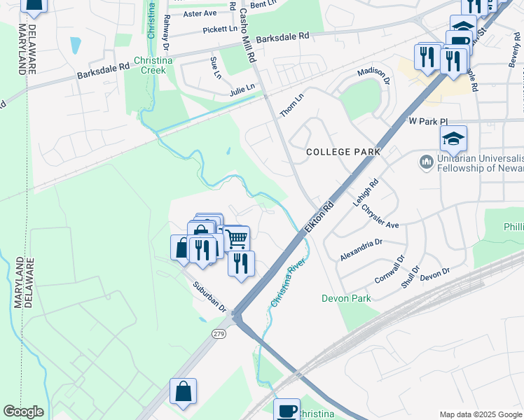 map of restaurants, bars, coffee shops, grocery stores, and more near 125 Christina Mill Drive in Newark