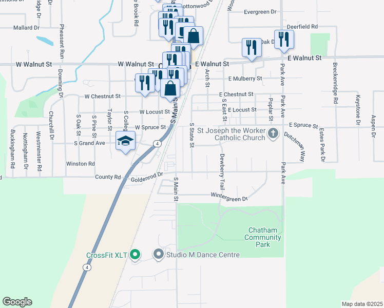 map of restaurants, bars, coffee shops, grocery stores, and more near 408 South State Street in Chatham
