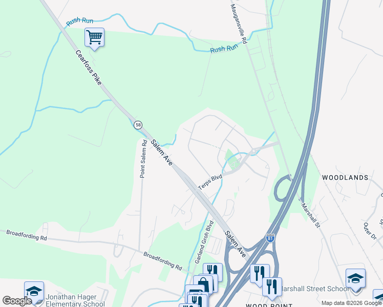 map of restaurants, bars, coffee shops, grocery stores, and more near 12949 Nittany Lion Circle in Hagerstown