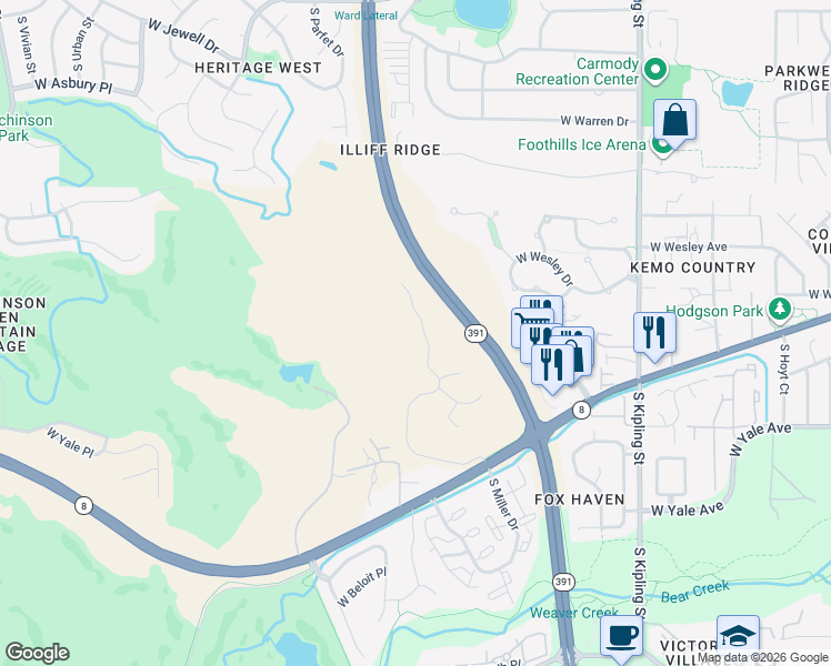 map of restaurants, bars, coffee shops, grocery stores, and more near 2549 South Newcombe Street in Lakewood