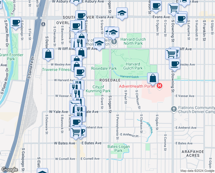 map of restaurants, bars, coffee shops, grocery stores, and more near 2537 South Logan Street in Denver