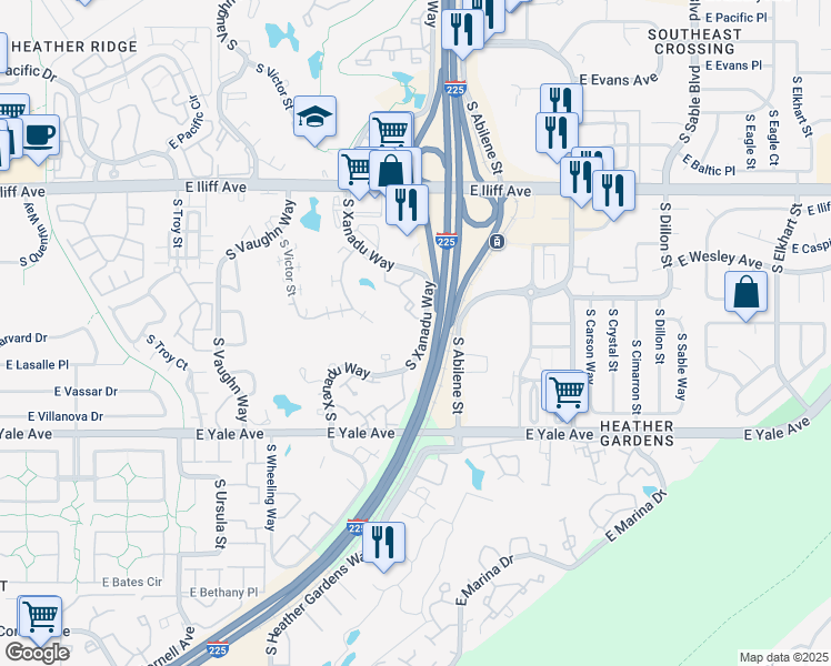 map of restaurants, bars, coffee shops, grocery stores, and more near 2489 South Xanadu Way in Aurora