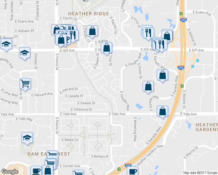 map of restaurants, bars, coffee shops, grocery stores, and more near 2555 South Tucson Circle in Aurora