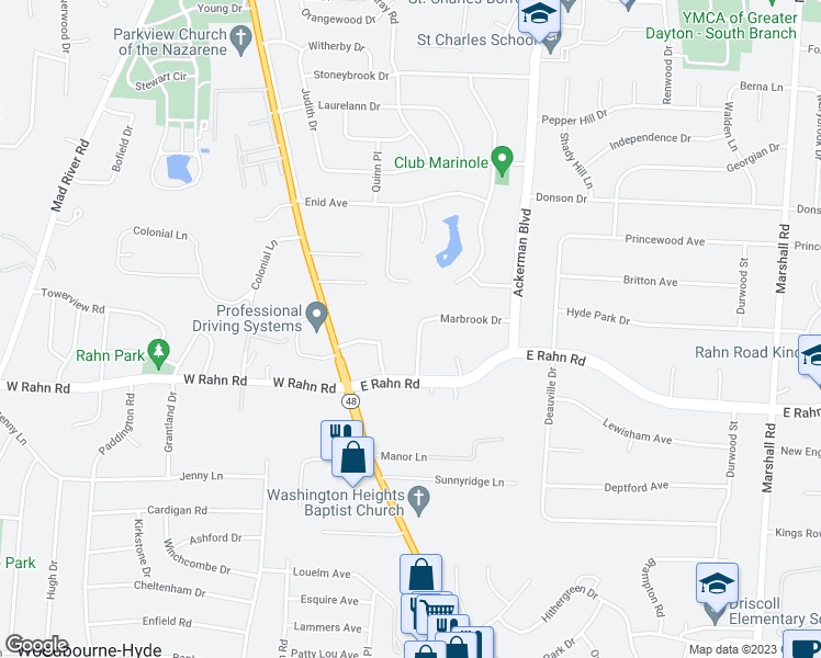 map of restaurants, bars, coffee shops, grocery stores, and more near 145 Marbrook Drive in Dayton