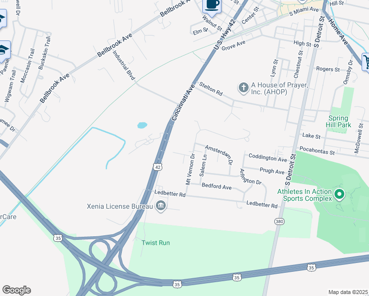 map of restaurants, bars, coffee shops, grocery stores, and more near 530 Newport Road in Xenia