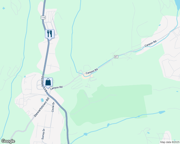 map of restaurants, bars, coffee shops, grocery stores, and more near 1002 West Canyon Drive in Morgantown