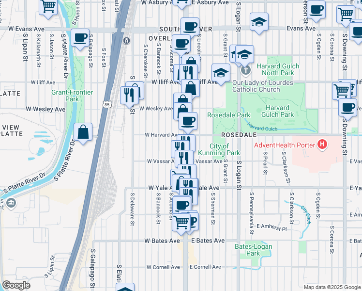 map of restaurants, bars, coffee shops, grocery stores, and more near 2537 South Broadway in Denver