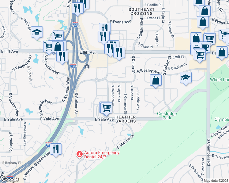 map of restaurants, bars, coffee shops, grocery stores, and more near 2542 South Carson Way in Aurora