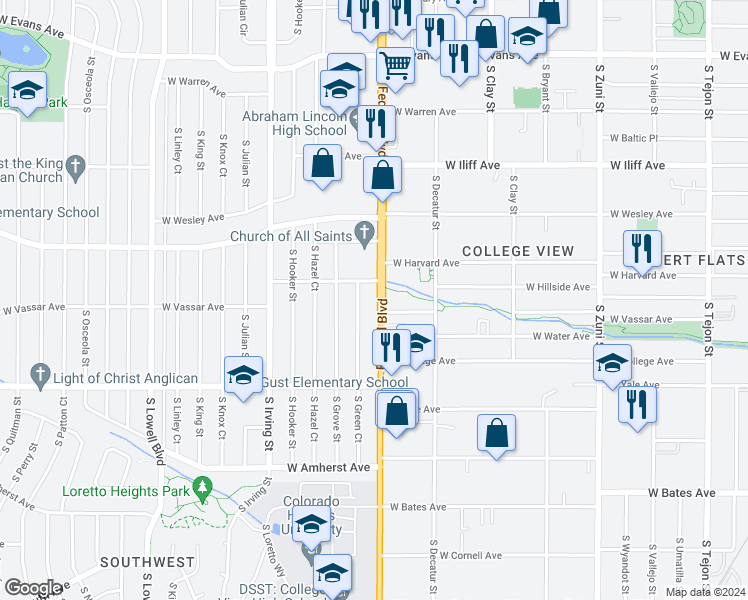 map of restaurants, bars, coffee shops, grocery stores, and more near 2615 South Federal Boulevard in Denver