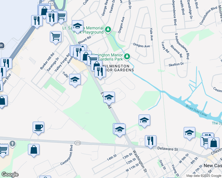 map of restaurants, bars, coffee shops, grocery stores, and more near 46 Stockton Drive in Wilmington Manor