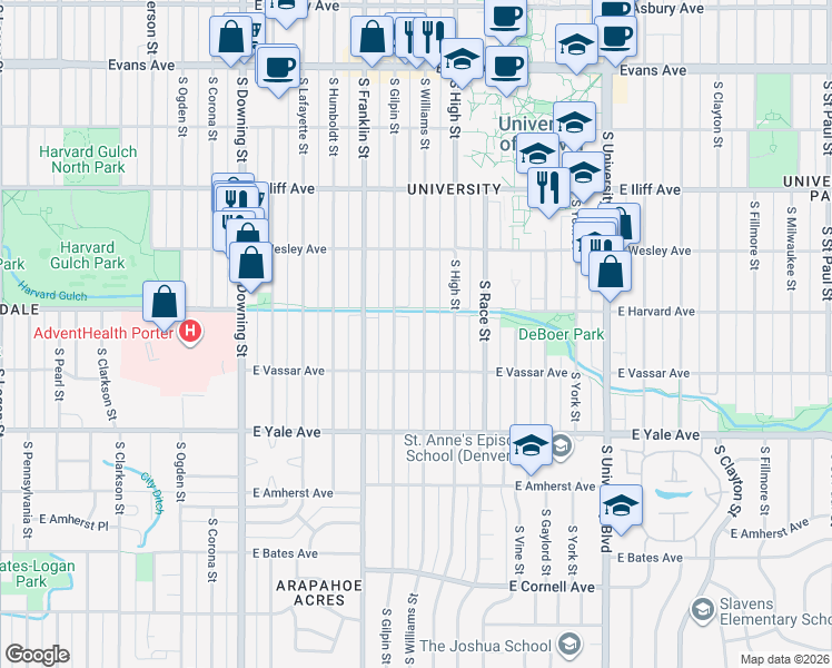 map of restaurants, bars, coffee shops, grocery stores, and more near 2545 South Williams Street in Denver