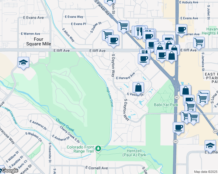 map of restaurants, bars, coffee shops, grocery stores, and more near 2525 South Dayton Way in Denver