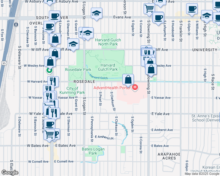 map of restaurants, bars, coffee shops, grocery stores, and more near 2525 South Clarkson Street in Denver