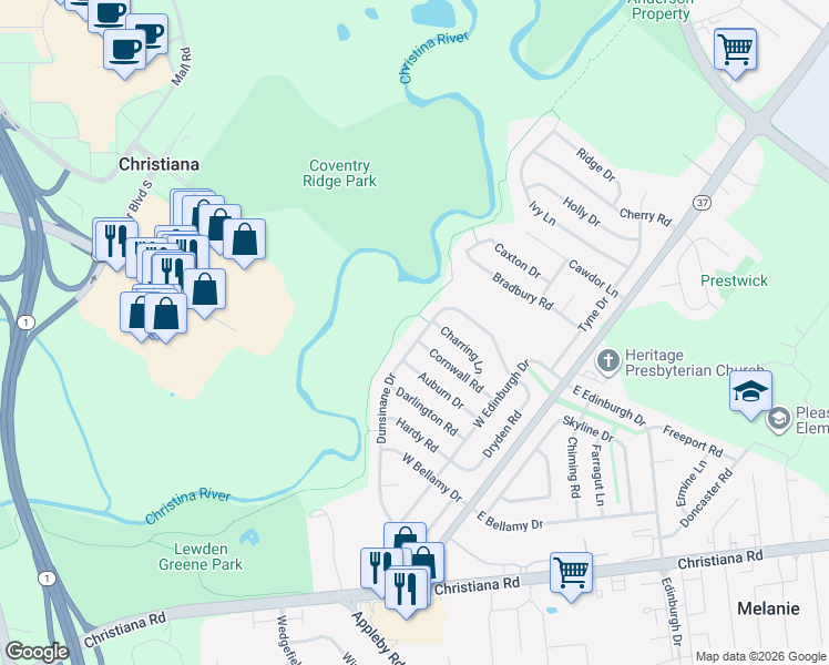 map of restaurants, bars, coffee shops, grocery stores, and more near 44 Dunsinane Drive in New Castle