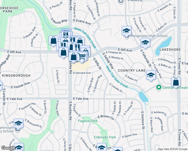 map of restaurants, bars, coffee shops, grocery stores, and more near 2516 South Pitkin Way in Aurora