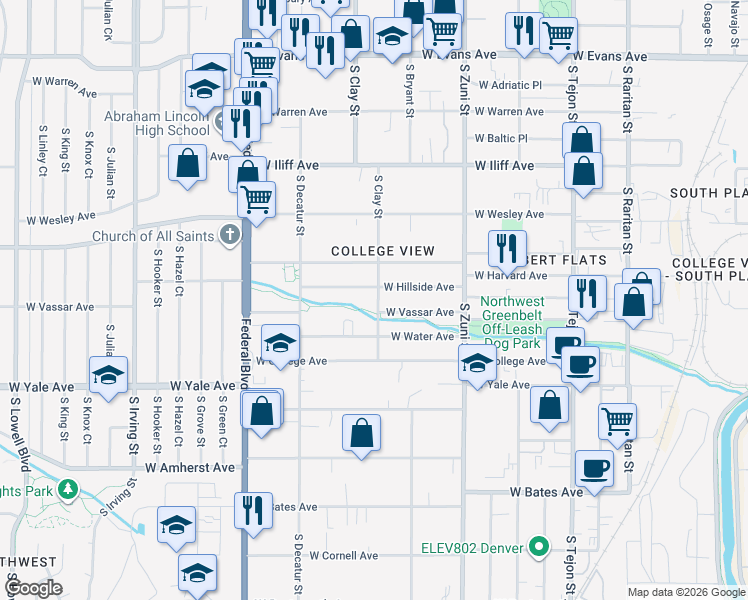 map of restaurants, bars, coffee shops, grocery stores, and more near 2565 South Clay Street in Denver