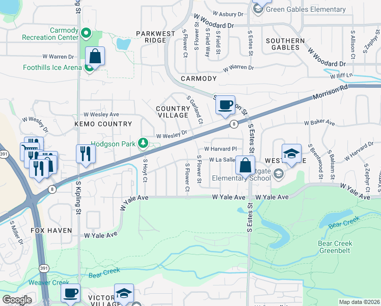 map of restaurants, bars, coffee shops, grocery stores, and more near 2536 South Flower Court in Lakewood