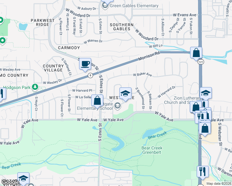 map of restaurants, bars, coffee shops, grocery stores, and more near 2548 South Dover Way in Lakewood