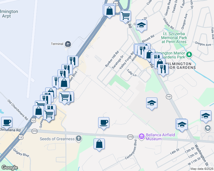 map of restaurants, bars, coffee shops, grocery stores, and more near 76 Bunker Hill Road in New Castle