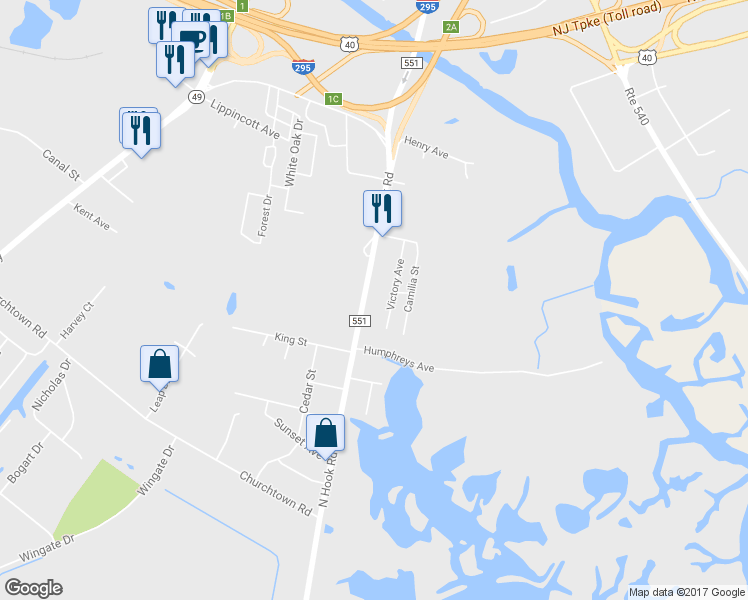 map of restaurants, bars, coffee shops, grocery stores, and more near 374 North Hook Road in Pennsville Township