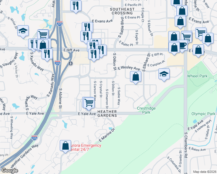 map of restaurants, bars, coffee shops, grocery stores, and more near 2546 South Cimarron Street in Aurora