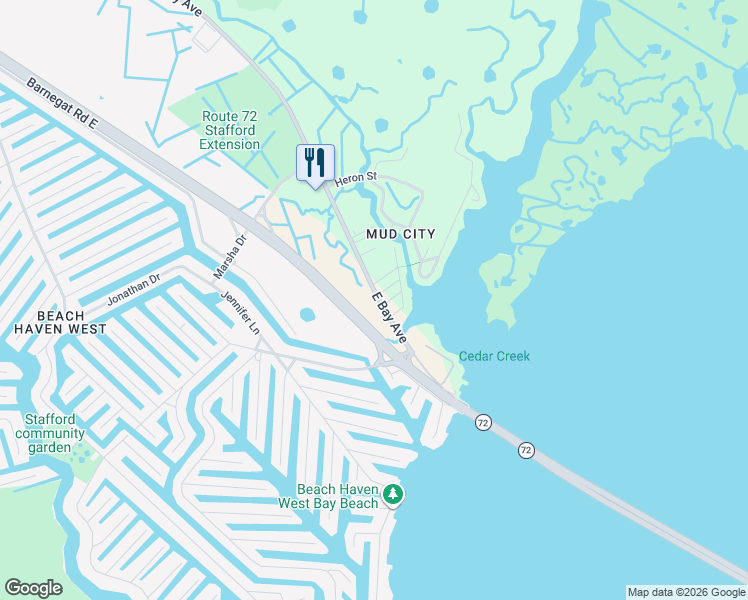 map of restaurants, bars, coffee shops, grocery stores, and more near 1321 E Bay Ave in Stafford Township