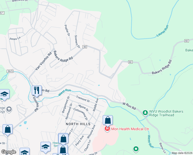 map of restaurants, bars, coffee shops, grocery stores, and more near 1075 Bakers Ridge Road in Morgantown