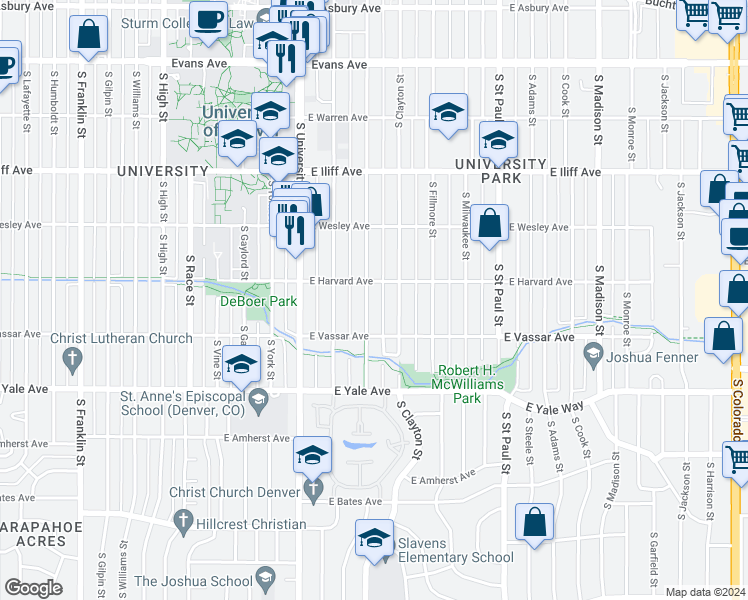 map of restaurants, bars, coffee shops, grocery stores, and more near 2536 South Columbine Street in Denver
