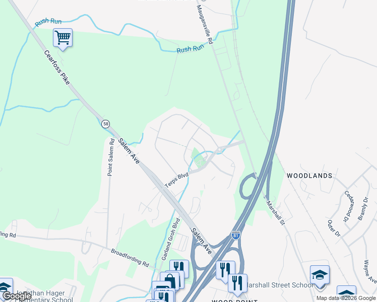 map of restaurants, bars, coffee shops, grocery stores, and more near 12957 Yellow Jacket Road in Hagerstown