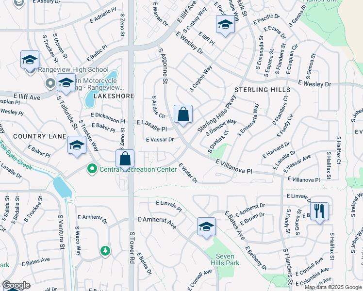 map of restaurants, bars, coffee shops, grocery stores, and more near 18841 East Water Drive in Aurora