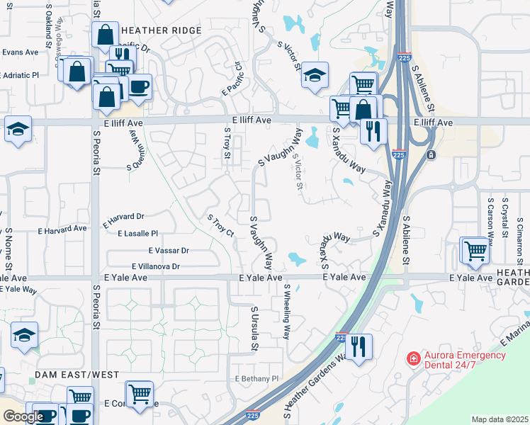 map of restaurants, bars, coffee shops, grocery stores, and more near 2568 South Vaughn Way in Aurora