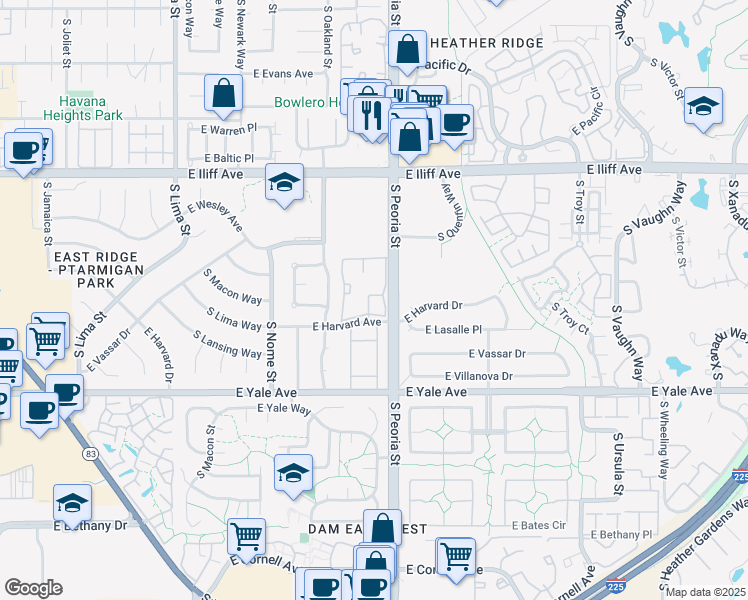 map of restaurants, bars, coffee shops, grocery stores, and more near 11905 East Harvard Avenue in Aurora