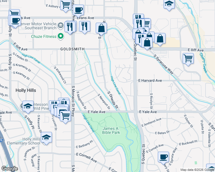 map of restaurants, bars, coffee shops, grocery stores, and more near 6925 East La Salle Place in Denver
