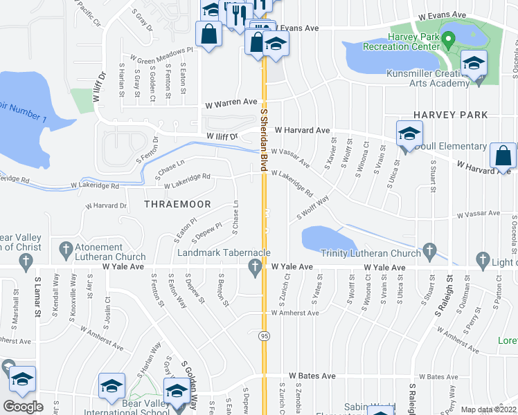 map of restaurants, bars, coffee shops, grocery stores, and more near 2545 South Sheridan Boulevard in Lakewood