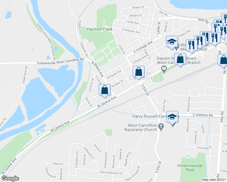 map of restaurants, bars, coffee shops, grocery stores, and more near 30 North Miami Avenue in Dayton