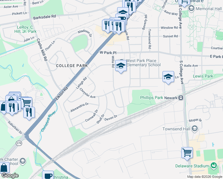 map of restaurants, bars, coffee shops, grocery stores, and more near 801 Chrysler Avenue in Newark