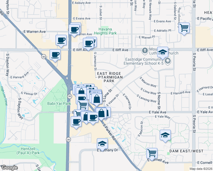 map of restaurants, bars, coffee shops, grocery stores, and more near 2566 South Joliet Court in Aurora