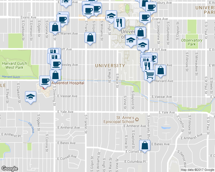 map of restaurants, bars, coffee shops, grocery stores, and more near 2535 South High Street in Denver