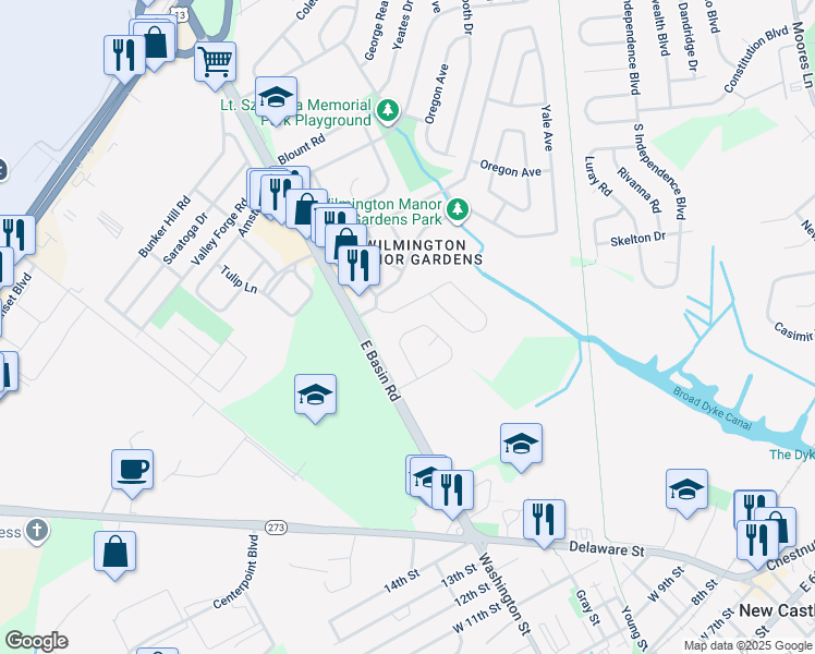 map of restaurants, bars, coffee shops, grocery stores, and more near 46 Stockton Drive in Wilmington Manor