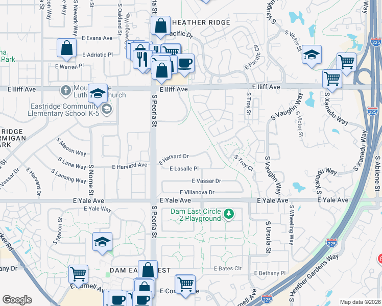 map of restaurants, bars, coffee shops, grocery stores, and more near 12337 East Harvard Drive in Aurora