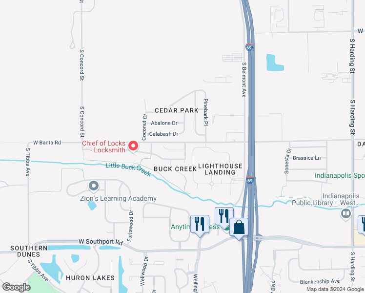 map of restaurants, bars, coffee shops, grocery stores, and more near 2422 Black Antler Court in Indianapolis