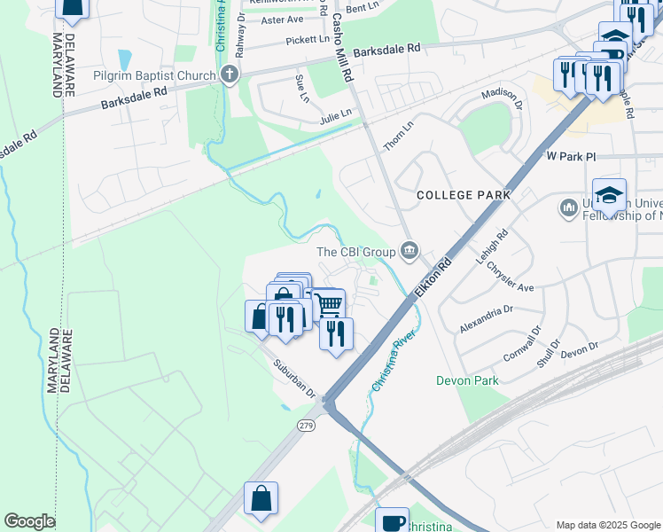 map of restaurants, bars, coffee shops, grocery stores, and more near 1022 Christina Mill Drive in Newark