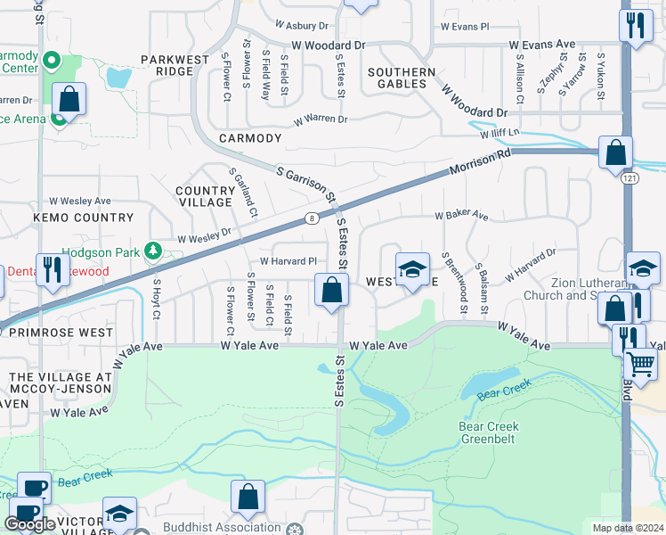 map of restaurants, bars, coffee shops, grocery stores, and more near 2526 South Estes Court in Lakewood