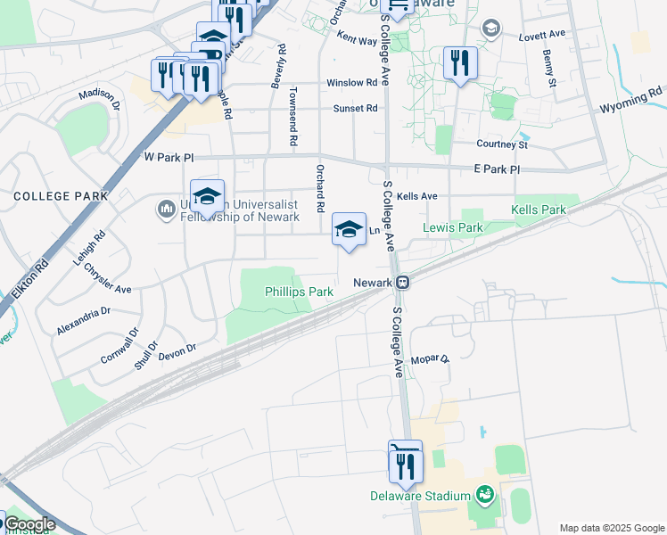 map of restaurants, bars, coffee shops, grocery stores, and more near 404 Phillips Avenue in Newark