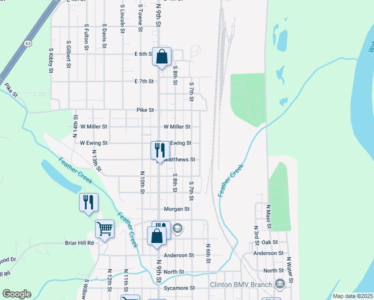 map of restaurants, bars, coffee shops, grocery stores, and more near 1005 North 8th Street in Clinton